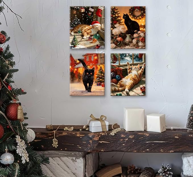 Paint by Number Kit for Adults & Kids, 4 Pack Christmas Cat Scenes 12x16Inch Framed