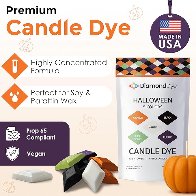 Candle Dye - Made in The USA - 5 Halloween Colors (Orange, Black, White, Purple, Lime Green) for Paraffin or Soy Wax - Highly Concentrated - Great for Professionals or Hobbyist - 50 Dye Chips