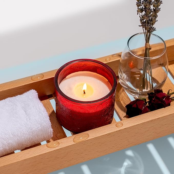 10 oz Embossed Glass Candle Container with Bamboo Lids and Labels, Red Candle Jars for Making Candles,Mandala Design - Pack of 9