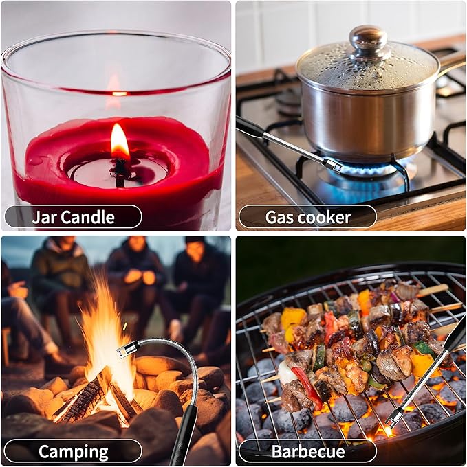 2-Pack Rechargeable Electric Candle Lighters, Flameless Windproof Long Lighter with 360° Flexible Neck and LED Display for Candles, Camping, BBQ & Fireplace (Black)