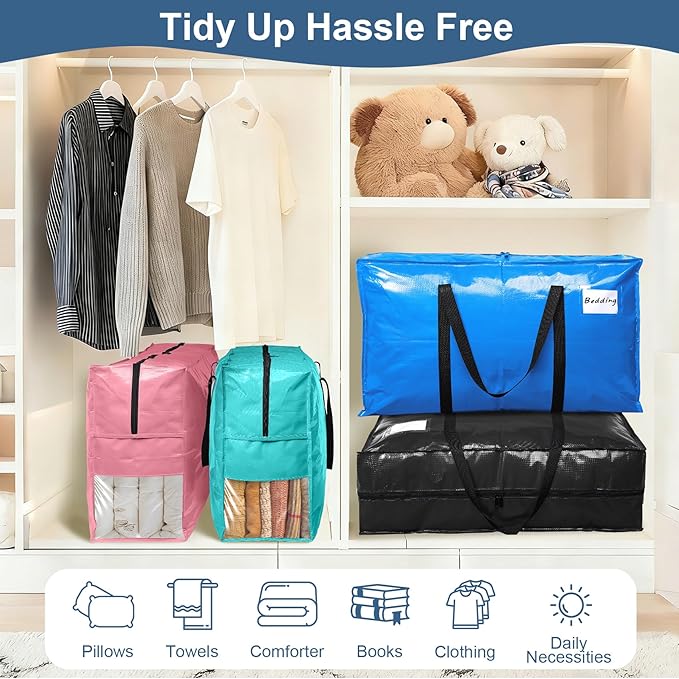 3Pcs Extra Large Heavy Duty Moving Bags with Reinforced Zippers & Handles, 67L Waterproof Storage Tote Bag Bins Alternative to Box Moving Supplies Space Saving for Travel College Dorm Essentials Blue
