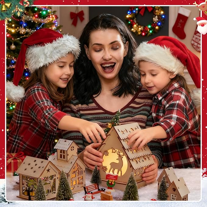 29pcs Christmas Village Sets Lighted DIY Wooden Christmas Village Houses for Crafts Accessories Wood House to Paint with Xmas Miniatures Trees Winter Snow Xmas Display Ornaments Craft Gift