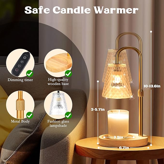 Candle Warmer Lamp with Timer - Adjustable Height Electric Wax Melter in Gold for Cozy Aesthetic Bedroom Home Decor Gift for Women Mother Friend Birthday Various Festivals