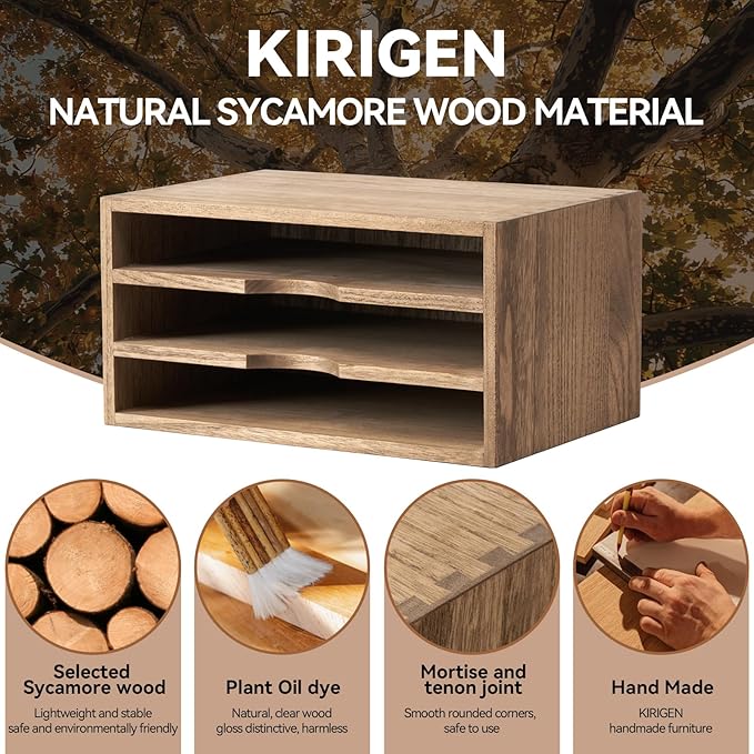 KIRIGEN Wooden Desktop Organizer Paper Storage Letter Tray File Sorter with 3 Layer Trays - Desk Rack Magazine File Dividers Holders for Home Office Accessories Dark Brown (3KWJG-DBR)
