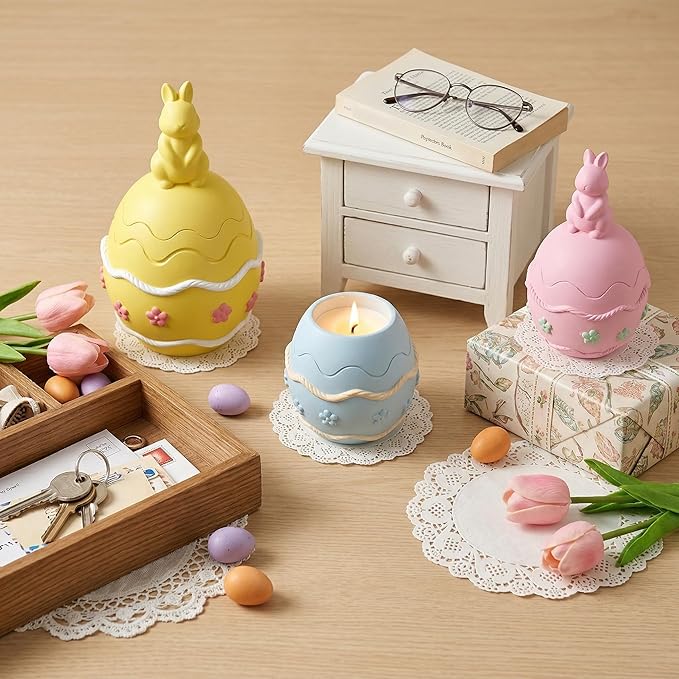 Easter Bunny Egg Candle Jar Silicone Mold, 3D Rabbit Egg Resin Mold with Base for DIY Candle Vessel, Storage Cup, Desktop Decor & Festival Craft Making