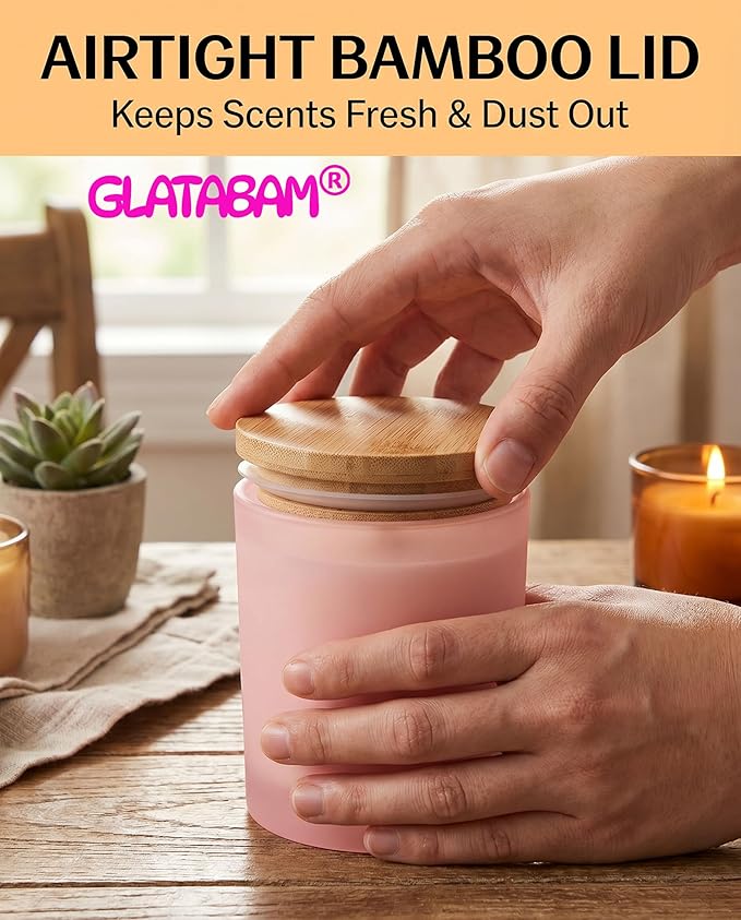 GLATABAM 10 OZ Candle Jars 12 Pack - Bulk Glass Candle Making Jars with Bamboo Lids & Labels, Heat Resistant Empty Reusable Candle Vessel for Containers(Frosted Powder)