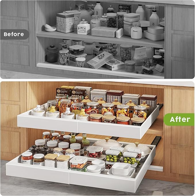 Seinloes 4 Pack Pull Out Cabinet Organizers 21" Deep With Raising Pad for Framed Cabinets, Expandable Width (15.2"-26.3") Slide Out Drawers Upgrade 3 Slide Rails, Roll Out Shelves Adhesive, White