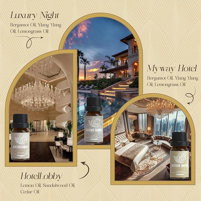 ARVIDSSON Hotel Diffuser Oils Gift Set, Hotel Scent Essential Oils for Diffuser, Luxury Fragrance Oil Blend - Jasmine & Mint, White Tea, Citrus Bliss, M-Way, Fancy Lobby, Gift for Women and Men