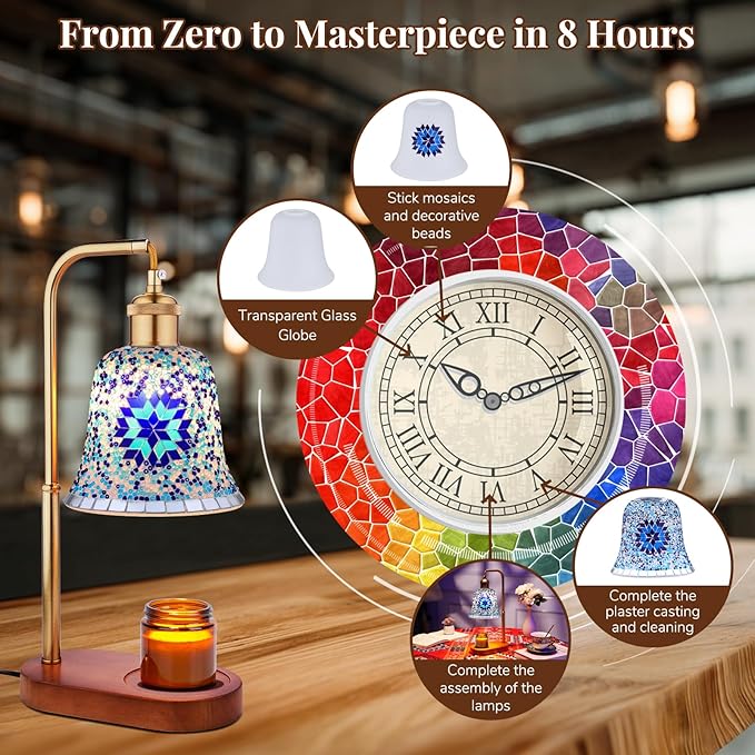 DIY Turkish Mosaic Candle Warmer Lamp Kit, Stained Glass Wax Melt Warmer Lamp Making Kit- Easy,Fun, No Experience Needed, Mosaic Art &Craft Project Kits for Adults &Teens, Make Your Own Lamp, Blue