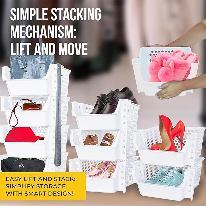 Skywin TidyFriend Stackable Storage Bins for Pantry, 4 Pack Stackable Bins For Organizing Food, Kitchen, and Bathroom Essentials (White)
