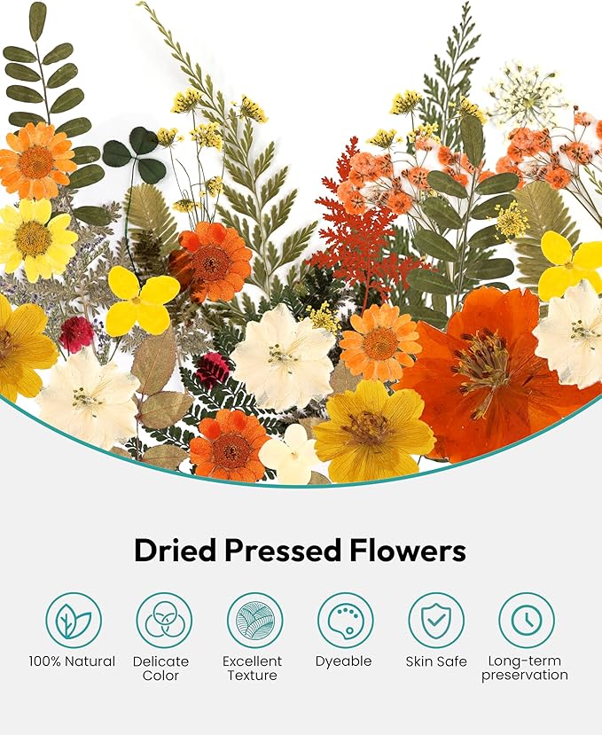 Dried Flowers, Resiners 100Pcs Pressed Flowers for Craft Yellow Real Natural Dried Flowers Dry Leaves Kit for DIY Making Crafts Resin Soap Candle Scrapbook Supplies Card Making Jewelry