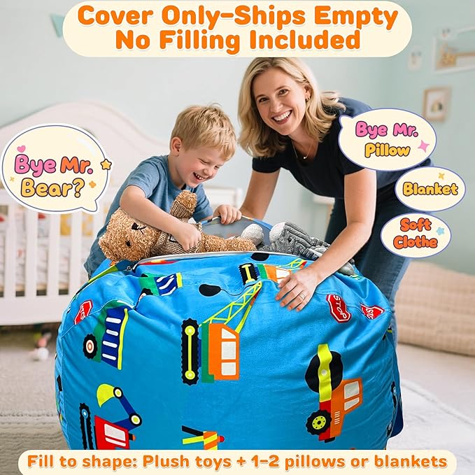 Lukeight Stuffed Animals Storage Bean Bag Chair Cover Only (Ships Empty, No Filling) - Velvet YKK Zipper Beanbag Cover for Big Kids Teens, Washable Plush Toy Organizer, XX-Large 36" D x 20" H
