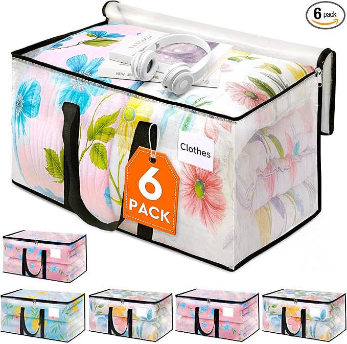 HomeHacks Clear Moving Bags Heavy Duty 6 Pack, Storage Bags with Zipper, Extra Thick Handles & Waterproof Packing Boxes for Moving, Camping, Home Organization 93L/24Gal (28.7"x14.2"x14")