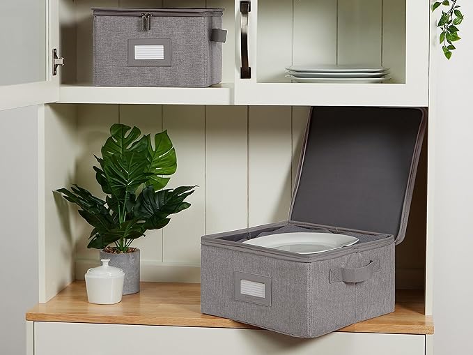 Covermates Dish Storage Box – China & Dinner Plate Storage Container with Dual Zippers, Reinforced Handles, ID Window & Stackable Structured Walls for Dishware Organization, Grey Heather