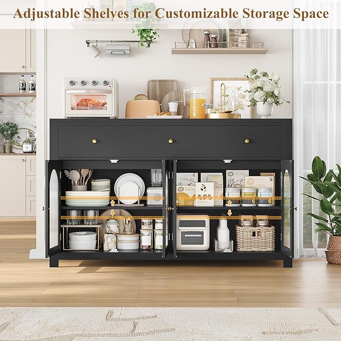 FINETONES Buffet Cabinet with Storage, 55.1" Large Sideboard Buffet Farmhouse Kitchen Cabinet with 3 Drawers and 4 Doors, Wood Coffee Bar for Kitchen, Black