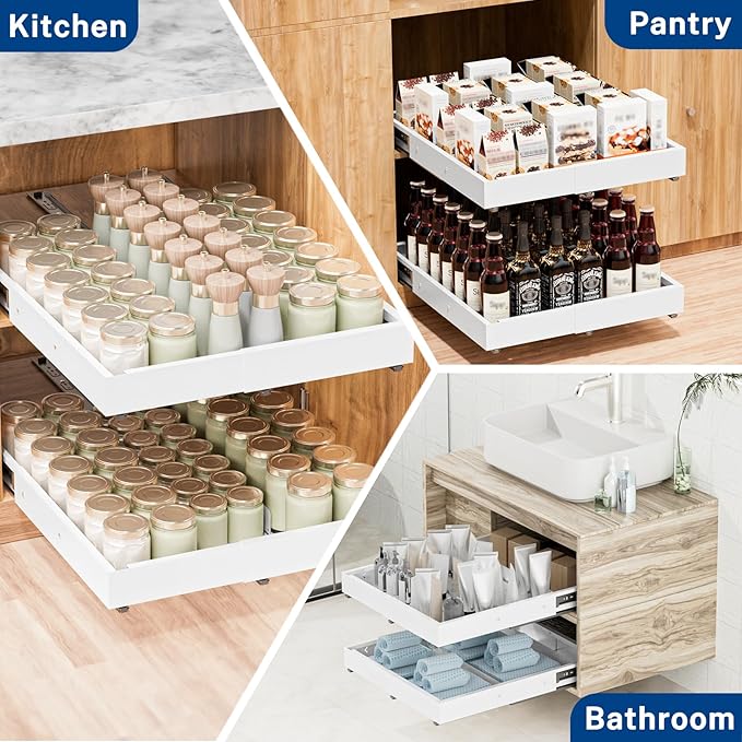 Insputer Pull Out Cabinet Organizer Expandable (12.4"-20.08")W & (16.26"-22.44")D, No Drill Slide Out Drawers with 3 Slide Rails, 2Pcs Magnetic Panel, Adhesive Roll Out Shelf for Kitchen, Pantry White
