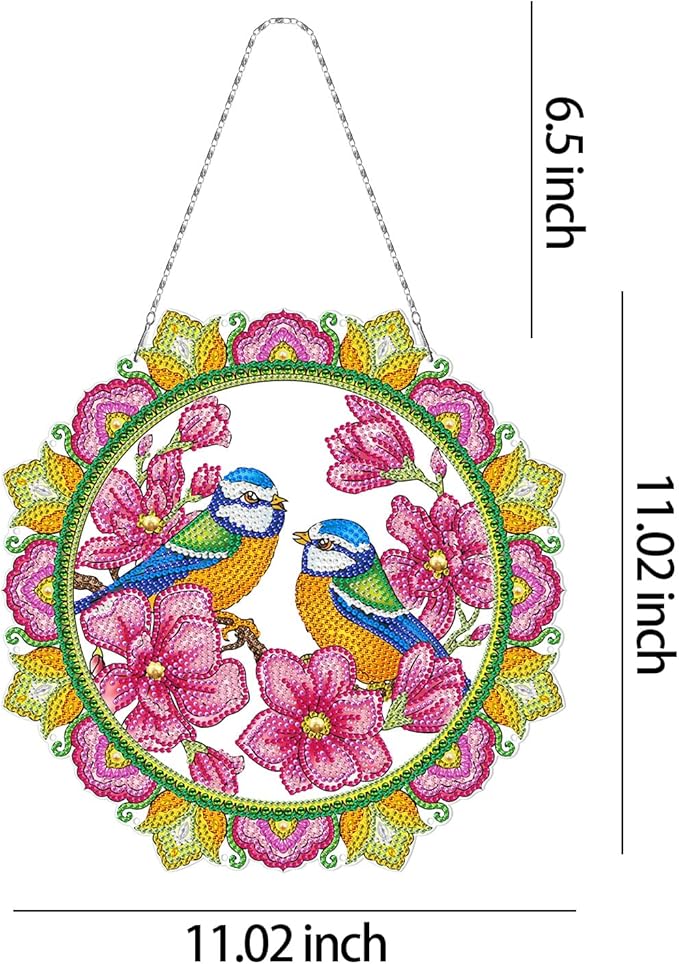 Birds and Flowers Gem Art Hanging Pendant with LED Light String DIY Diamond Art Painting Spring Wreaths Hanging Ornament Special Shape Rhinestones by Number Kits Outdoor Garden Yard Spring Door Decor