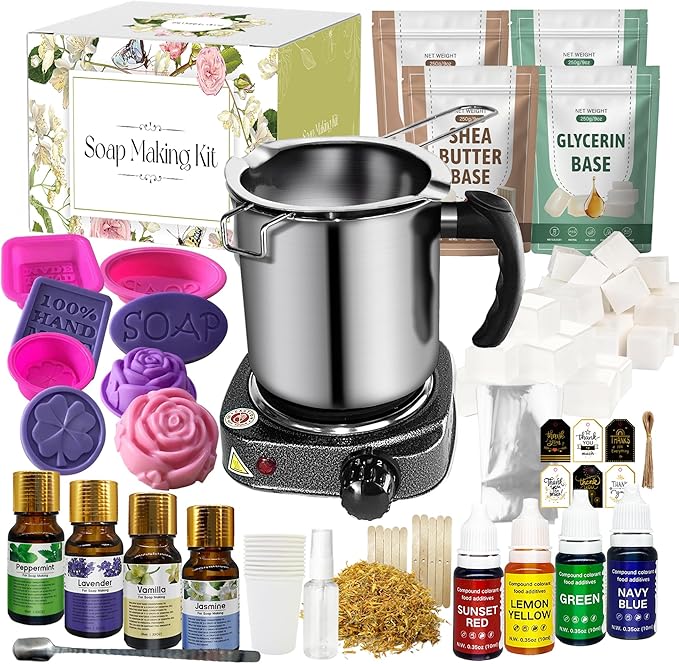 PIUH DIY Soap Making Kit with Electronic Hot Plate and Supplies for Adults, All-in-One Soap Making Supplies for Begineers with Soap Base, Pouring Pot, 4 Fragrances and Dyes for Making Soaps