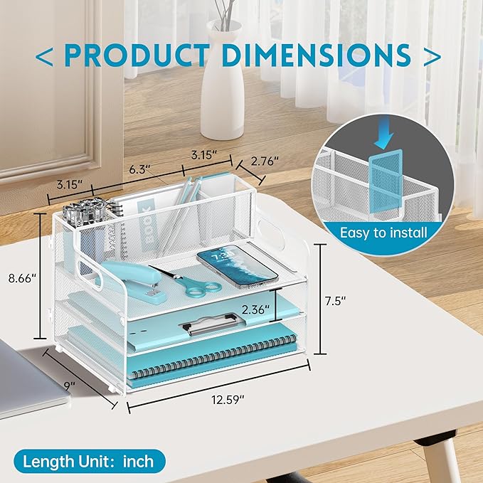 3 Tier Paper Letter Tray Organizer with Pen Holder for Desk, Black Metal Mesh Desk File Folder Sorter Organizer with Handle and Sliding Tray for Home, Office, School Supplies Organization(White)