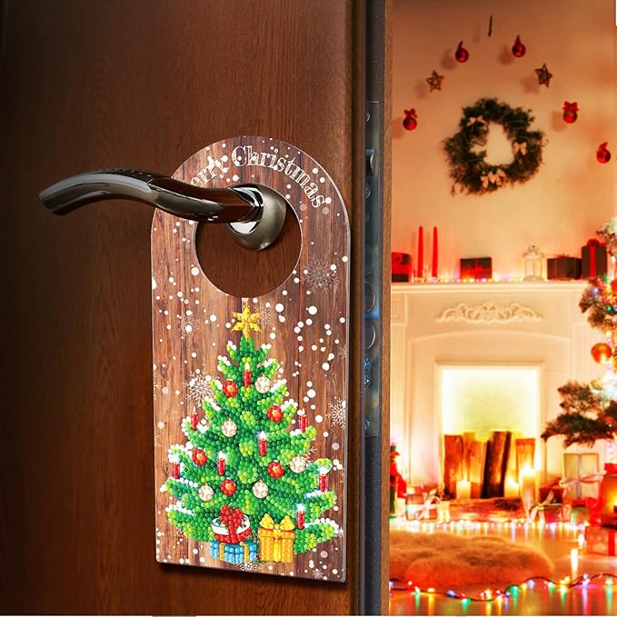 5D Diamond Dots Wood Christmas Door Knob Hanger Ornaments DIY Kit Diamond Art Painting Christmas Tree Hanging Sign Doorknob Pendant Special Shaped Crystal Paint by Number Stitch Room Front Door Decor