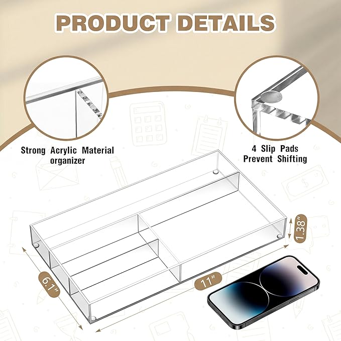 Briwooody Acrylic Desk Drawer Organizer 11 x 6.1 x 1.38 Inch Storage Tray Organizer for Pens, Stationery, Desktop, Office, Bathroom, Kitchen, Makeup Supplies(4 Compartments, Clear)