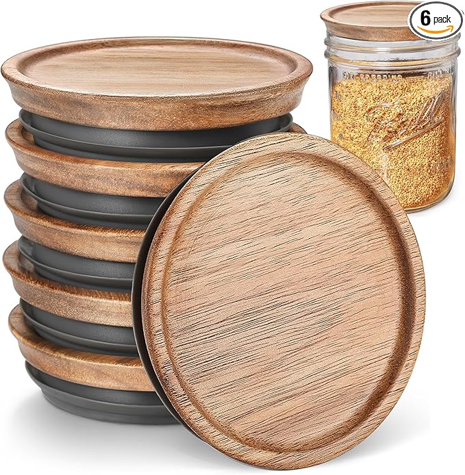 6-Pack Regular Mouth Wooden Mason Jar Lids for Ball/Mason/Kerr Jars, Natural Acacia Wood, Food-Grade Material, 100% Fit & Airtight for Regular Mouth Jars (6PCS-Regular)
