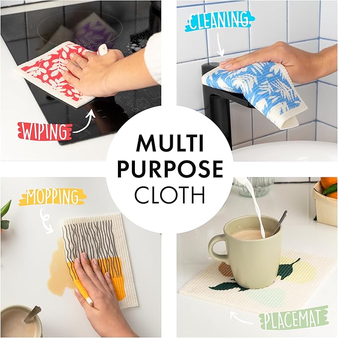 SUPERSCANDI 5 Pack Swedish Dishcloths for Kitchen - 100% Biodegradable & Compostable | Reusable Paper Towels Washable, Food-Safe & Without Plastic - Dish Rags Suitable for Any Surface | Abstract Print
