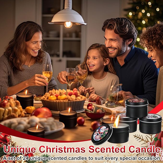 Nuanchu 24 Pack Christmas Scented Candles Gift Set Cartoon Candle for Her Him 2oz Natural Soy Wax Jar Long Lasting Aromatherapy Bulk Favors Set for Christmas Party Home Decor