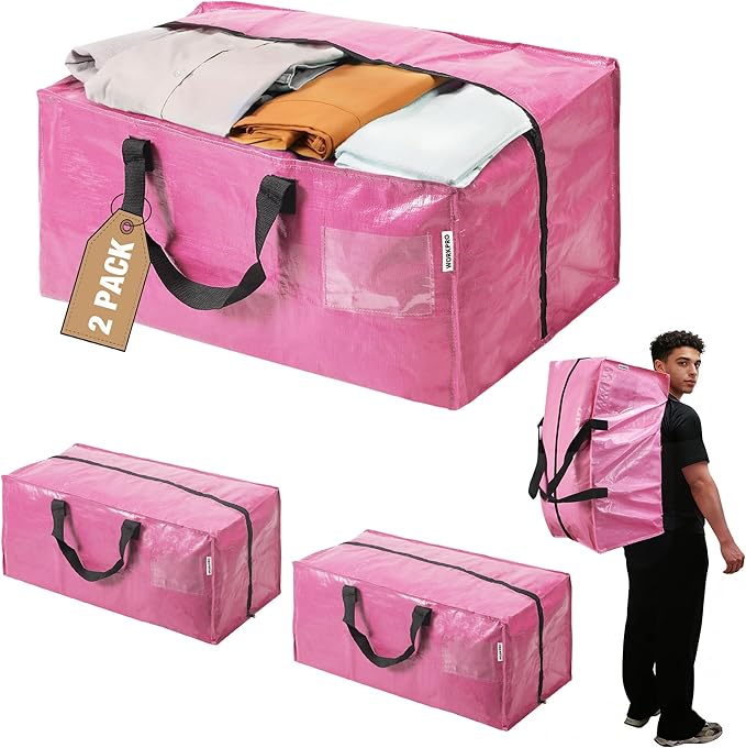 WORKPRO 2 Pack Extra Large Moving Bags with Zippers & Carrying Handles Backpack Straps, Heavy-Duty Storage Tote for Space Saving Moving Storage (Pink)