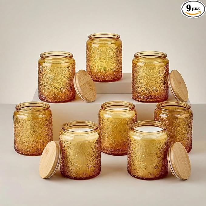 9-Pack 8oz Embossed Glass Candle Container with Bamboo Lids and Labels, Orange Candle Jars for Making Candles, Sun Moon Star Design