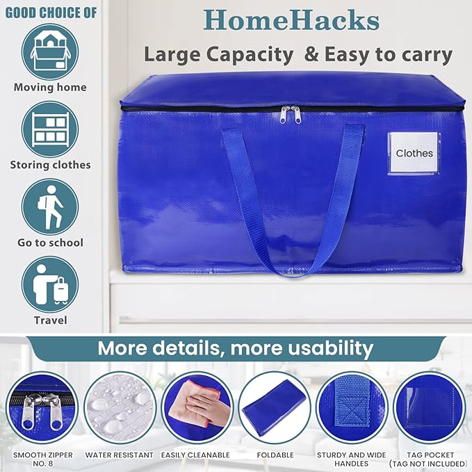 HomeHacks Moving Bags Heavy Duty with Strong Zippers and Handles Collapsible Moving Supplies, Storage Totes for Packing & Moving Storing 125L,4-Pack, Blue