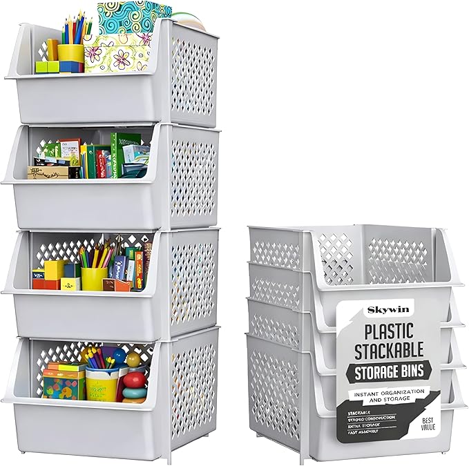 TidyFriend Stackable Storage Bins for Pantry, 4 Pack Stackable Bins For Organizing Food, Kitchen, and Bathroom Essentials (Light Grey)
