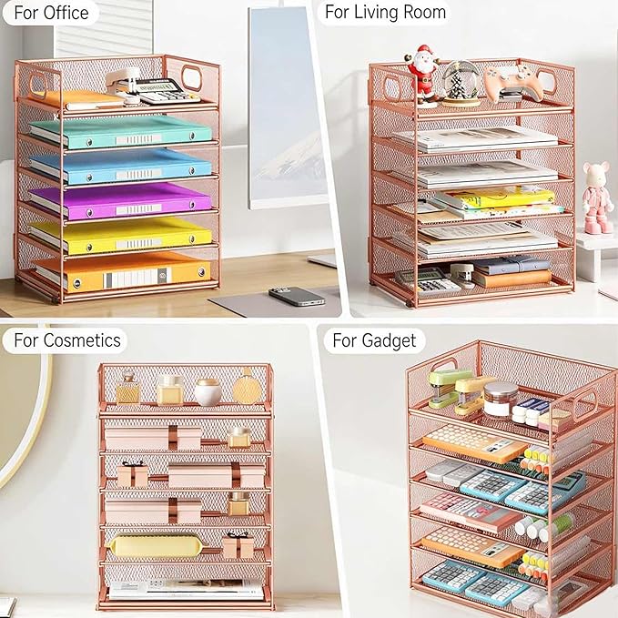 6 Tiers Letter Tray Paper Organizer with Handle, Mesh Desk File Organizer, Metal Desktop Document Shelf Organization, Paper Sorter Organizer for Office, Home or School File Folder Holder (Rose Gold)