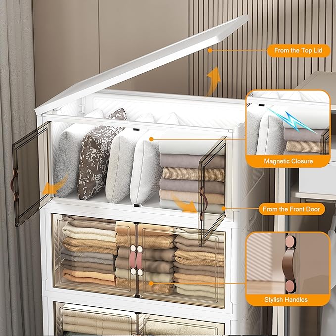 Stackable Storage Bins with Lids, 672QT Closet Organizers and Storage with Doors and Wheels, Extra Large Storage Cabinet, Collapsible Plastic Drawers for Bedroom Dorm Office Garage