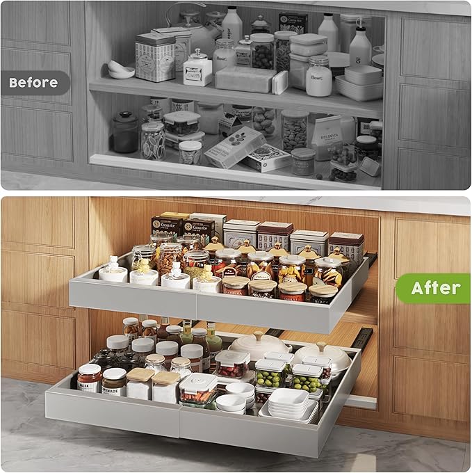 Seinloes 2 Pack Pull Out Cabinet Organizers 21" Deep With Raising Pad for Framed Cabinets, Expandable Width (15.2"-26.3") Slide Out Drawers Upgrade 3 Slide Rails, Roll Out Shelves Adhesive, Silver