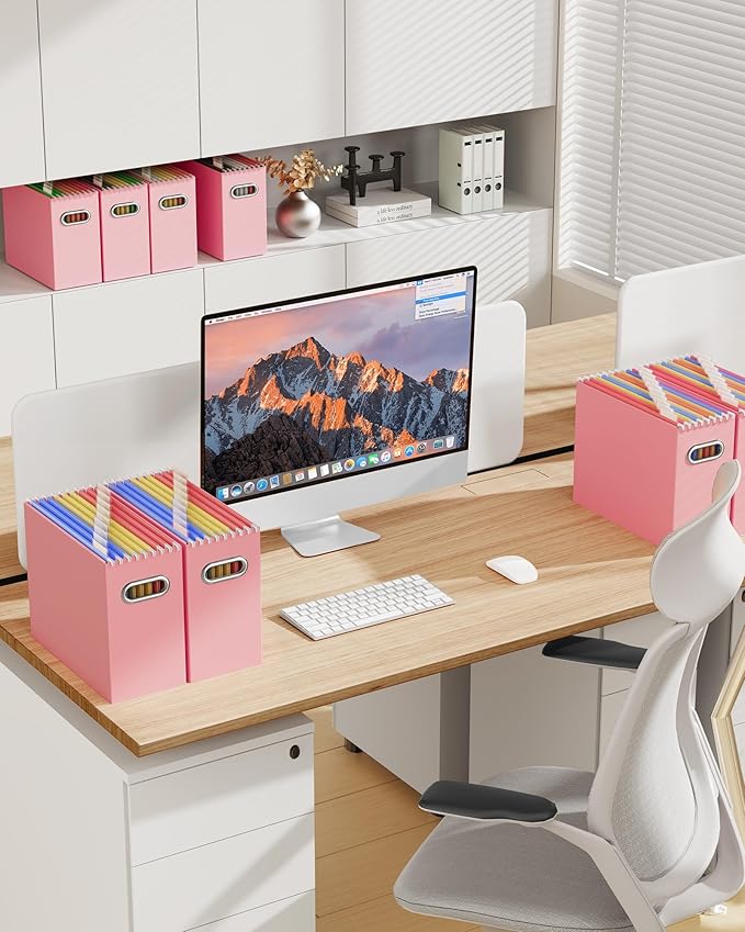 Oterri File Organizer Box, Portable Collapsible Cardboard File Folder Organizer with Handle for Letter Size Hanging Files, Document Storage Box for Home Office & Classroom (6 Packs, Pink)