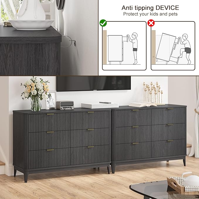 Fluted 6 Drawer Dresser for Bedroom,53'' Wide Large Closet Dresser 6 Chest of Drawers,Wooden Storage Organizer Drawer, Modern TV Stand for Bedroom, Living Room Hallway Black