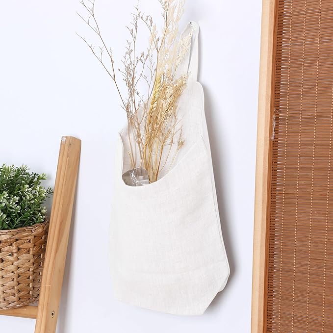 100% Linen Hanging Storage Bags Baskets 2 Pcs, Small Wall Storage Bag for Kitchen, Bedroom, RV Camper Organizer, Sewing Room, Nursery Storage, Kids Room (White)