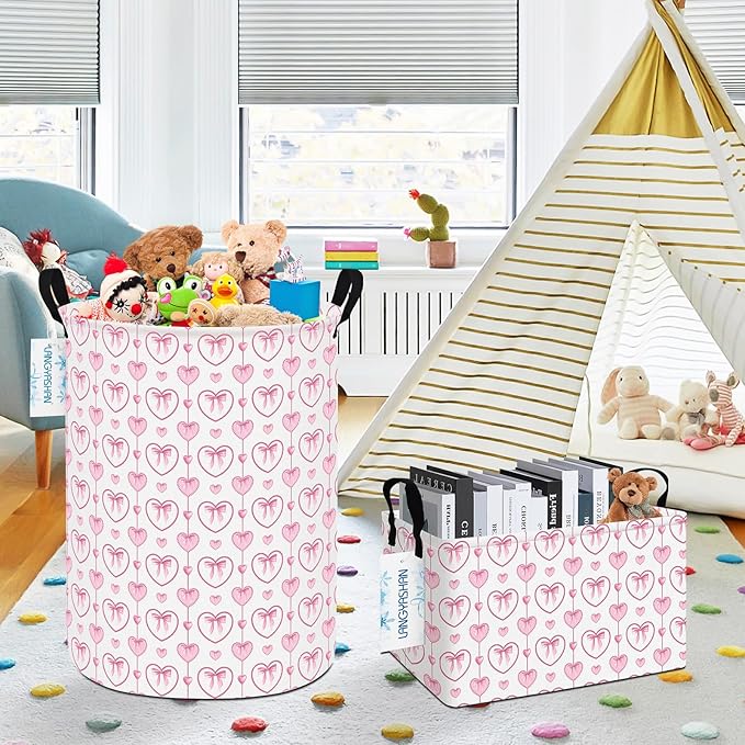 LANGYASHAN Laundry Basket Canvas Fabric Collapsible Organizer Basket for Storage Bin Toy Bins Gift Baskets Bedroom Clothes Children Nursery Hamper (Pearl Heart)