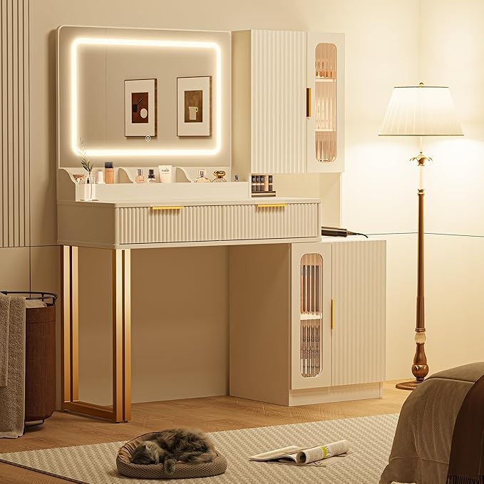 Makeup Vanity Desk with Mirror and Lights, Makeup Desk with 5 Shelves& 2 Storage Cabinet, Vanity Table with Power Outlet, 3 Color Adjustable Lighting Dressing Table Set for Bedroom