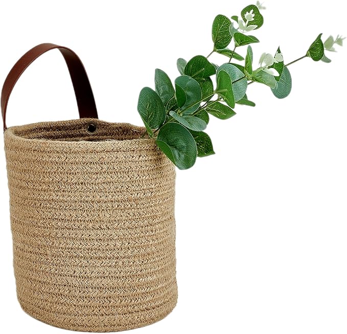 Wall Hanging Storage Baskets - Small Cotton Rope Woven Closet Storage Bins-Shelf Basket Organizer for Plants, Towels - 6.3" x 7" (Jute-Brown)