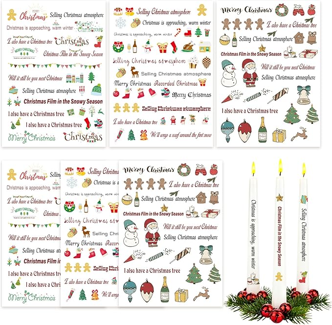 6 PCS Candle Tattoos Christmas, Christmas Tattoos for Candles Xmas Candle Stickers Santa Reindeer Snowflake Xmas Tree Water Transfer Decals for Holiday Candle Decoration (C)
