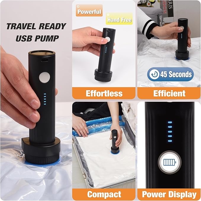Travel Vacuum Storage Bags with Rechargeable USB Air Pump, Space Saver Vacuum Seal Bags for Luggage, Sealer Compression for Clothes, Comforters, Blankets, Bedding, 15 Combo