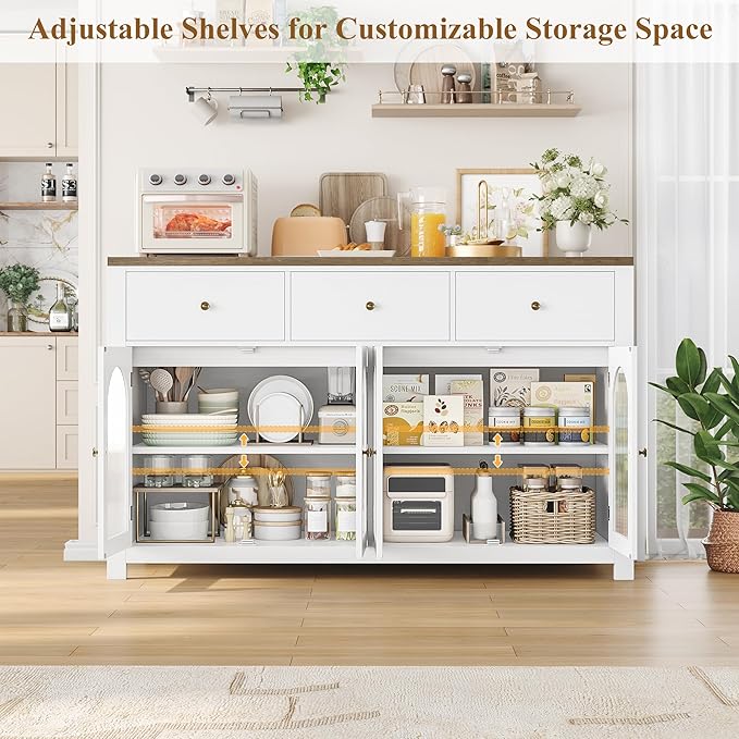 FINETONES Buffet Cabinet with Storage, 55.1" Large Sideboard Buffet Cabinet, Farmhouse Kitchen Cabinets with 3 Drawers and 4 Doors, Wood Coffee Bar for Kitchen Dining Room