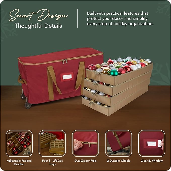Covermates Keepsakes Rolling Adjustable Ornament Storage Bag – Heavy-Duty Polyester, FlexGrid Trays & Padded Dividers – Protective Holiday Organizer with Wheels, Handles & ID Window, Red