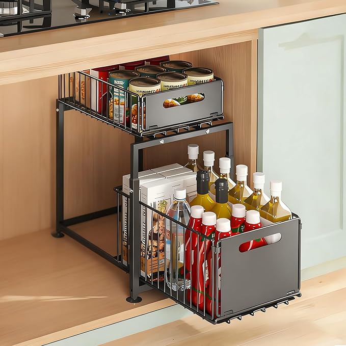 Under Sink Organizer, Pull Out Cabinet Organizer 2 Tier Slide Out Sink Shelf Cabinet Storage Shelves, Under Sink Storage for Kitchen Bathroom Cabinet, Black, 1 Pack