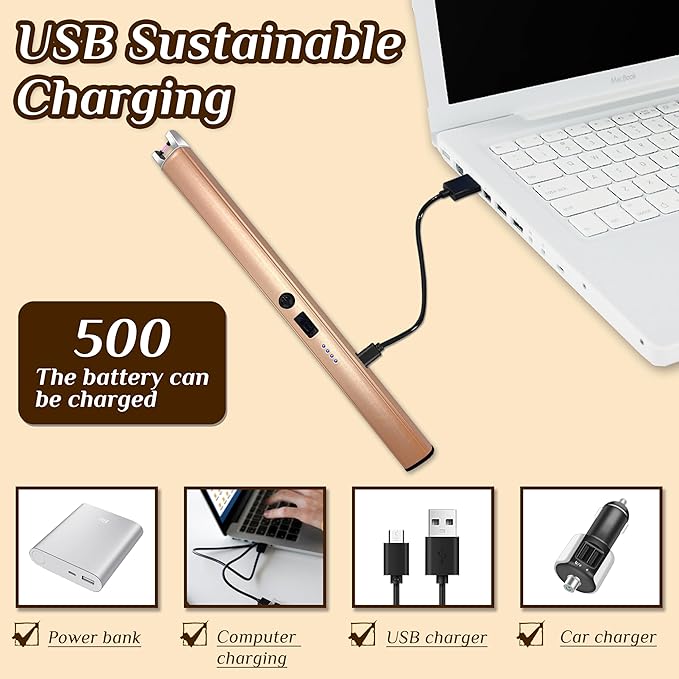 2 PCS Candle Lighter,Windproof Flameless Electric Lighter with LED Power Display ＆ Safety Switch, Upgraded Plasma USB Rechargeable Lighters for Birthday Camping BBQ (Champagne Gold)