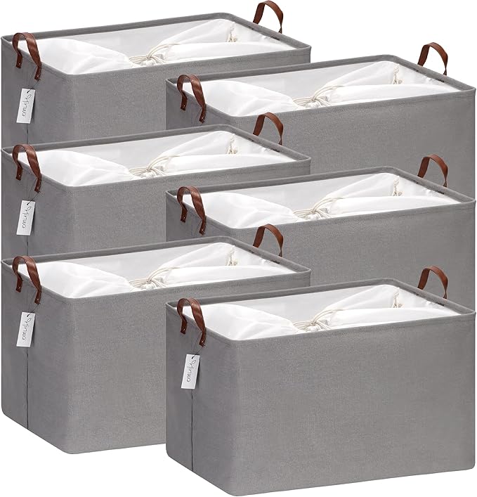 Hinwo 70L Extra Large Storage Bins, 6-Pack Closet Organizers and Storage, Foldable Clothes Storage Baskets with Handles, Containers for Clothing, Blanket, Comforters, Toys, Bedding (Gray)