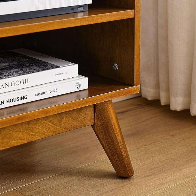 Amposei Mid Century Modern Wooden TV Stand Entertainment Center for 55/60/65 inch TVs, Sliding Rattan Door Console Storage Cabinet with Wood Legs for Living Room, Brown Ebony