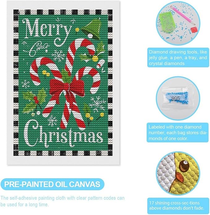 AIVKIEJK Diamond Painting Kits for Adults - Festive Merry Christmas Red Bow, Candy Cane & Bell Painting DIY 5D Full Drill Diamond Dots Paintings with Diamonds Gem Art and Crafts Home Decor 8"x12"